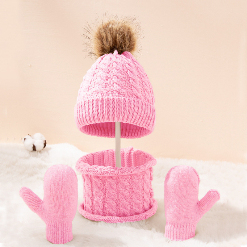 Baby clothing wool monochrome twist warm children's hat scarf gloves two or three sets_voghion.com