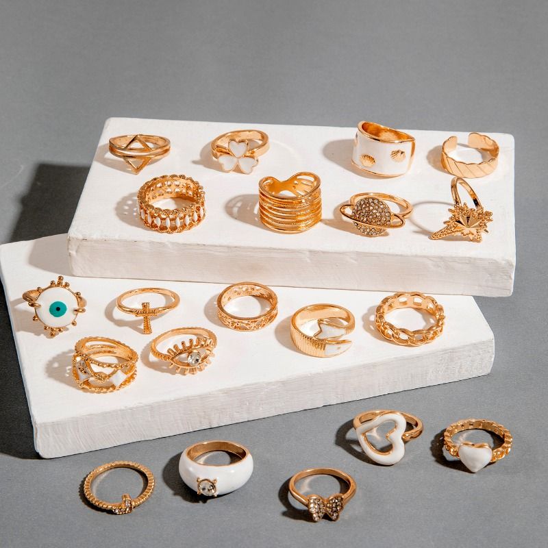 Set di anelli placcati in oro con malocchio e simbolo celeste per donna, 12 anelli impilabili boho con pietre preziose e perle, collezione di gioielli spirituali alla moda_voghion.com