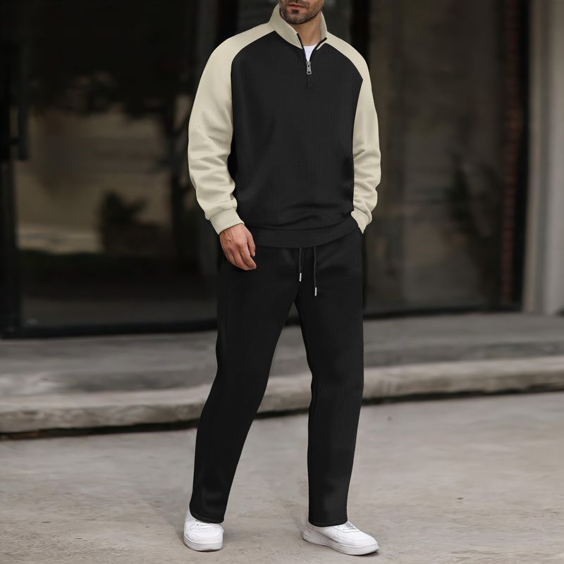 Pullover-Sweatshirt mit halbem Reißverschluss und Stehkragen für Herren – Stilvolles Farbblockdesign für Freizeit- und Aktivkleidung (Weiß, Grau, Orange, Khaki)_voghion.com