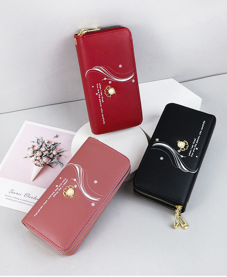 Portefeuille pour femme, porte-cartes, double fermeture éclair, long portefeuille, grande capacité, pochette de poignet, imprimé perles, sac pour téléphone portable_voghion.com