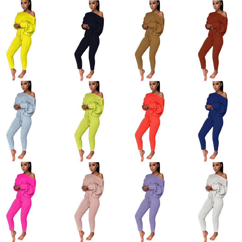 Women's fashion set crew-neck wool-knitted trousers long-sleeved set sweater_voghion.com