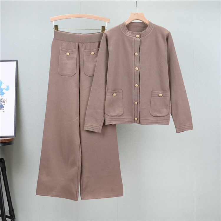 Women's Clothing fashion casual knitted suit women's autumn long sleeved cardigan top wide leg trousers small fragrance two piece set_voghion.com
