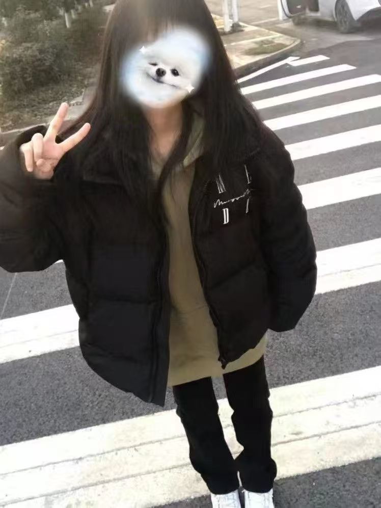 Schwarzer Stehkragen aus Baumwolle mit amerikanischem Buchstabendruck für den Winter, neue, lockere und dicke warme Unisex-Brotjacke_voghion.com