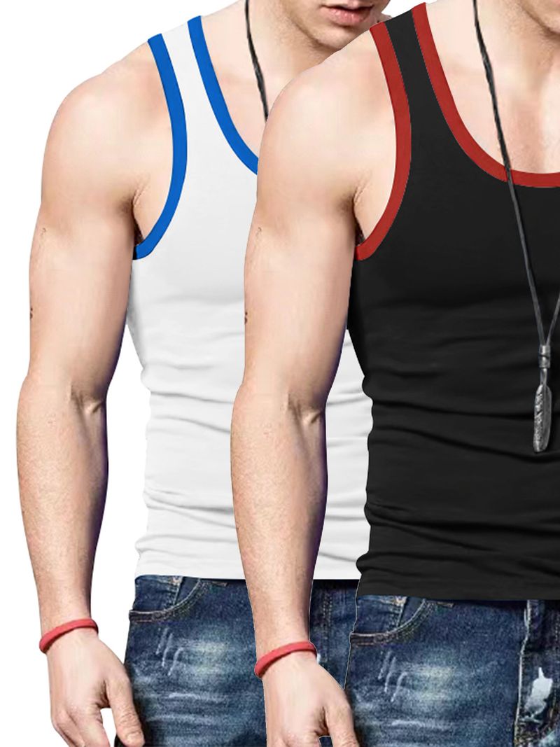 24 Cross-border Summer Men's Vest Ice Silk Solid Color New Sleeveless Breathable Tight Casual Sports Vest 2-piece Set_voghion.com