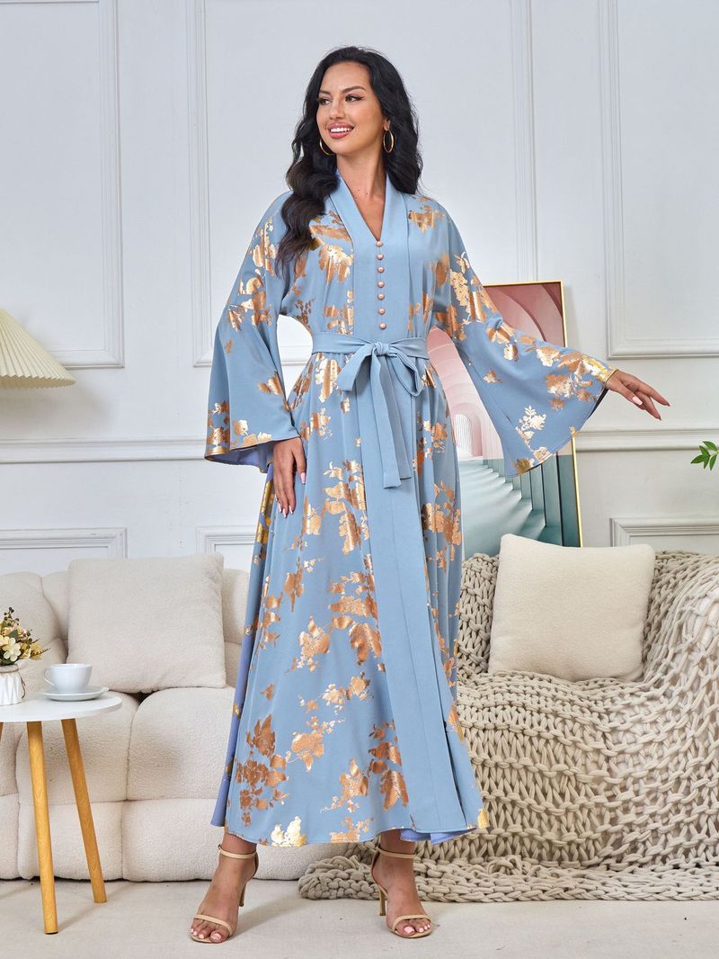 Damenbekleidung Naher Osten Muslimische Damenmode im neuen Stil mit Goldprägung Abendkleid Arabisches Kleid Kaftan Robe_voghion.com