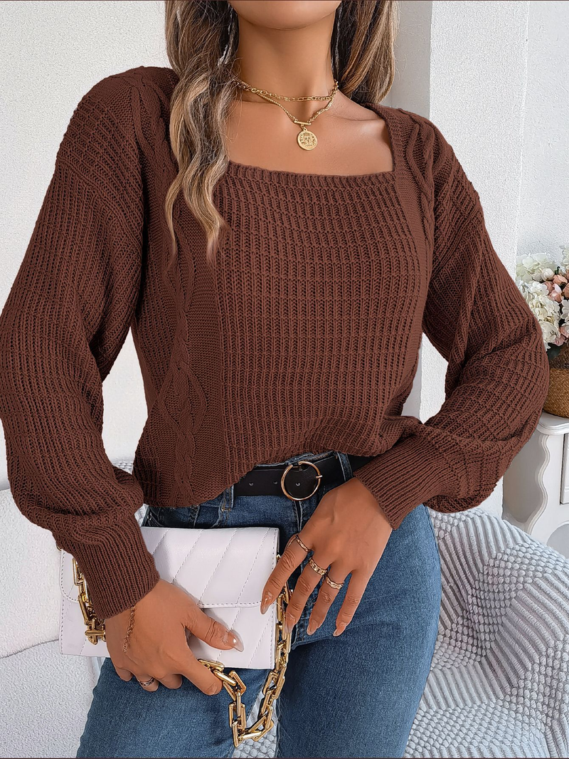 Maglione pullover casual in maglia a trecce con maniche a lanterna, scollo quadrato, tinta unita, autunno inverno 2024_voghion.com