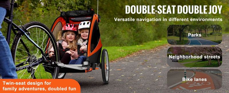 VEVOR Bike Trailer For Toddlers, Kids, Double Seat, 100 Lbs Load, 2-In-1 Canopy Carrier Converts To Stroller, Tow Behind Foldable Child Bicycle Trailer With Universal Bicycle Coupler, Orange And Gray_voghion.com