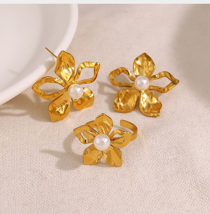 Stainless Steel Flower Pearl Hand Jewelry K Titanium Steel High Grade Ins Style Flower Earrings Ear Jewelry Set_voghion.com