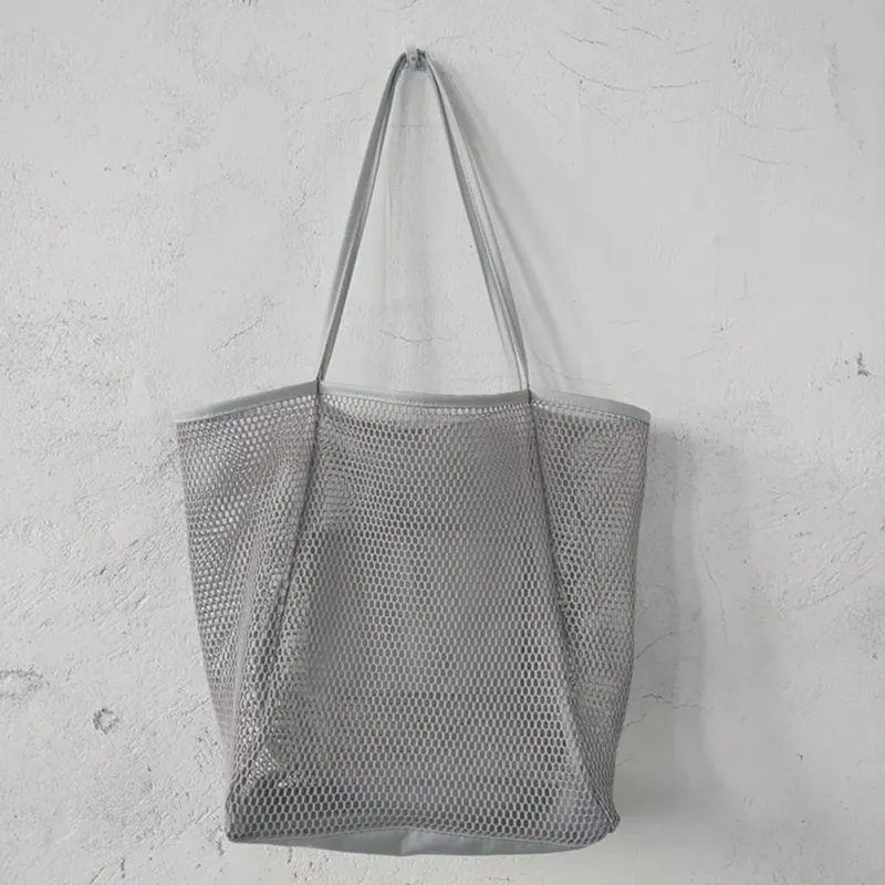 Women Beach Mesh Large Capacity Foldable Hollow Sandproof Solid Swimming Grocery Toys Travel Tote Bag Vacation Use_voghion.com