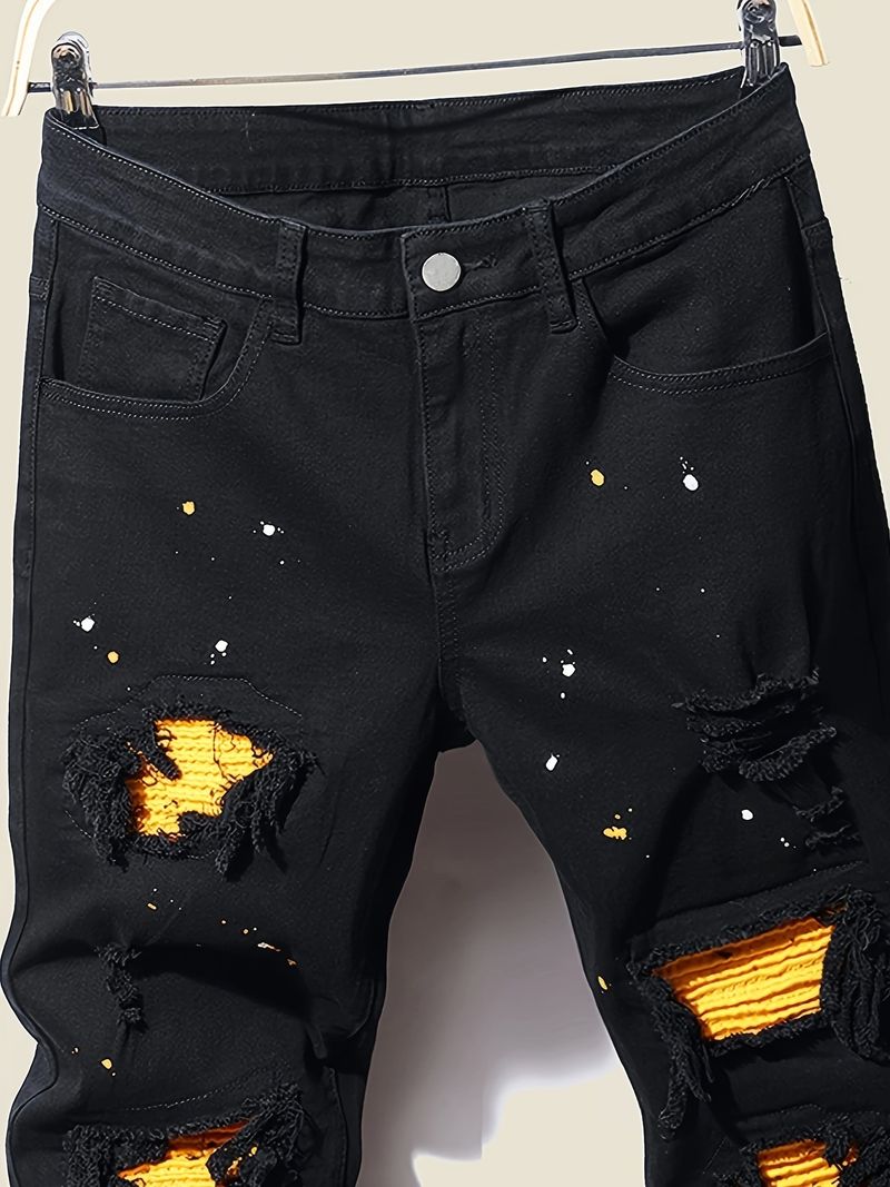 Pánské slim fit kalhoty s inkoustovým vzorem a patchworkovým vzorem, sladěné barvy, nové pánské džíny Paint_voghion.com