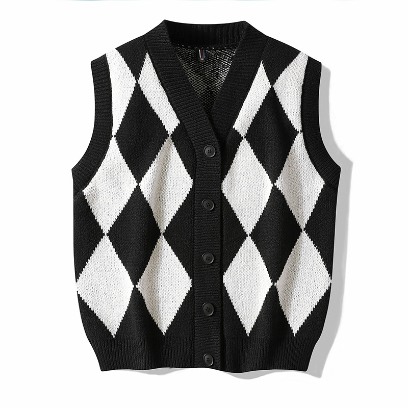 Autumn V-Neck Sleeveless Button Short Loose Versatile Black Diamond Knit Cardigan Vest For Men_voghion.com