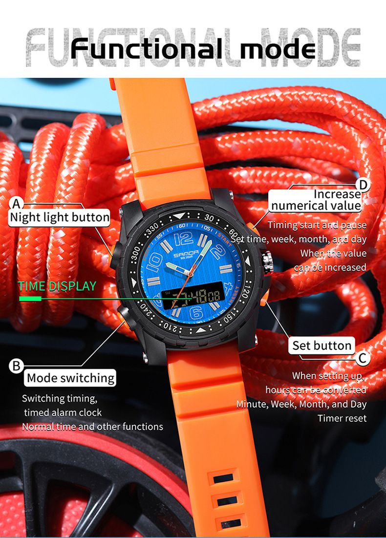Elegante reloj digital de doble pantalla con luz nocturna y resistente al agua: reloj multifuncional para estudiantes, para hombres y mujeres. Reloj electrónico de doble pantalla._voghion.com