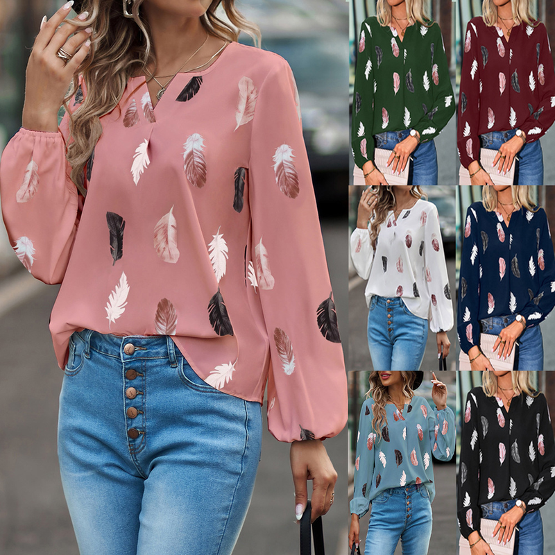 T-shirt primaverile con scollo a V da donna, top ampio a maniche lunghe con stampa di piume alla moda_voghion.com