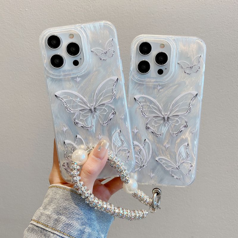 iMd Feather Yarn Butterfly Suitable for 15 Laser Feather Yarn Protective Case iphone15 Bracelet Advanced Sense Mobile Phone Case_voghion.com