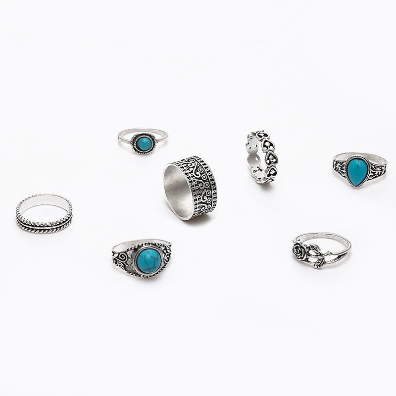Hot selling jewelry, fashionable Bohemian style turquoise rose totem, 7-piece set of rings for women_voghion.com