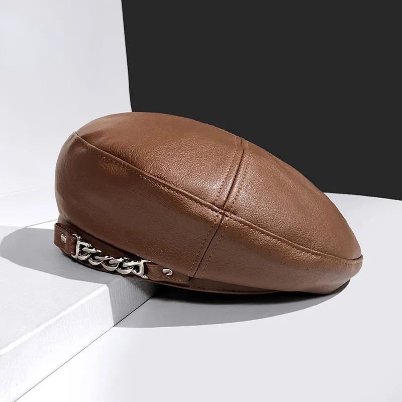 Mode Vintage Kvinnor Solid Cap Pu Läderkedja Basker Fransk konstnär Varm mössa Kvinnlig Dam All-Match justerbar hatt_voghion.com