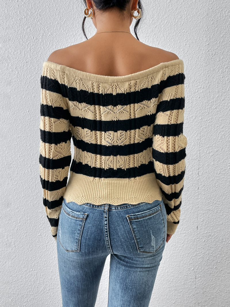 Maglione lavorato a maglia per abbigliamento da donna in maglione pullover a righe con colletto a una riga per donna_voghion.com