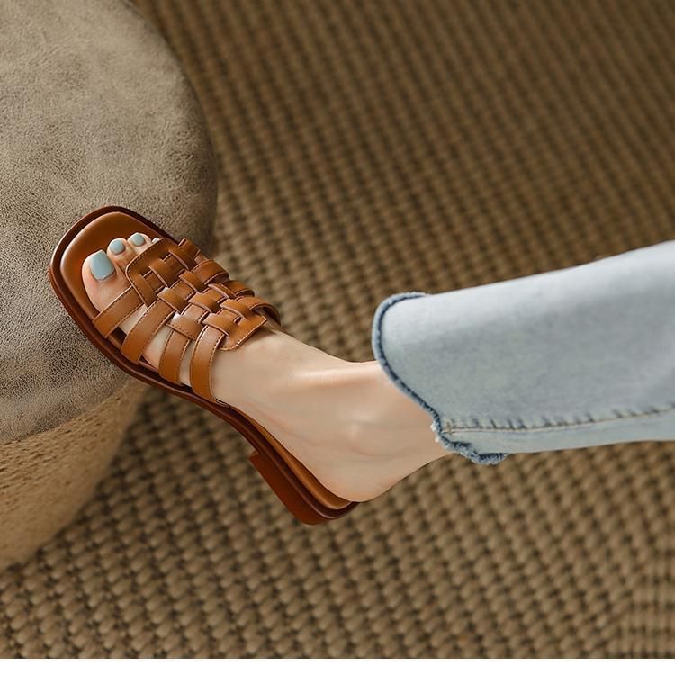 French Summer Woven Sandals For Women's Outdoor Wear, Flat Half Slippers, Thick Soled White Roman Sandals, One Foot Flip_voghion.com