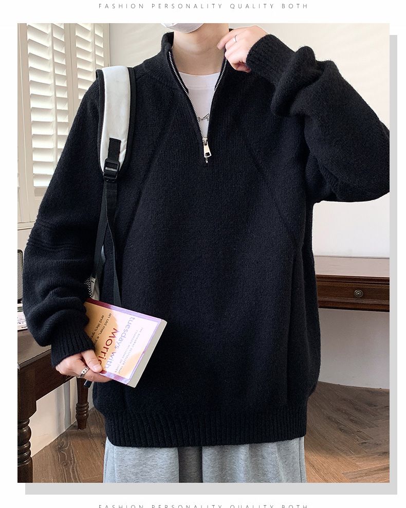 Men's Half-Turtleneck Zip-Up Sweater, Winter Knit Pullover With Stylish Design, Soft Comfortable Loose Fit Casual Wear Pure Color Stretchable Fabric_voghion.com