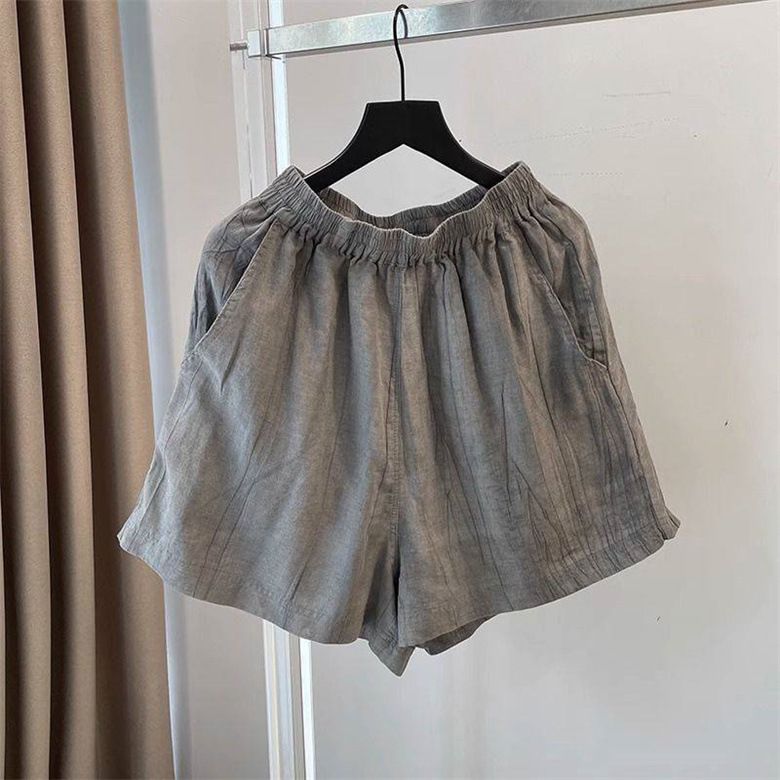 Abbigliamento da donna Camicia retrò in cotone e lino Design ampio Camicia estiva grigia Vita elastica Abito corto in due pezzi_voghion.com