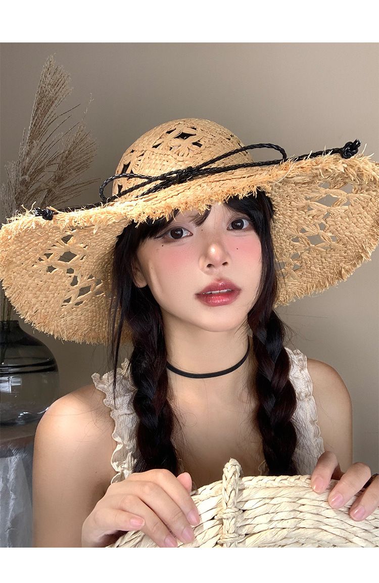 Hollow Raffia Straw Women's Summer 2025 New Beach Protection Parasol Wide-brimmed Sun Hat_voghion.com