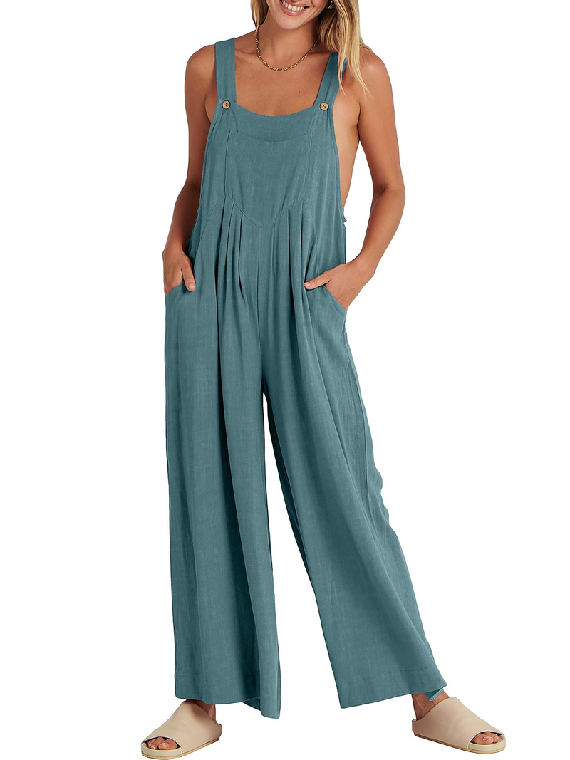 Women's clothing solid color loose casual cotton and linen overalls jumpsuit_voghion.com