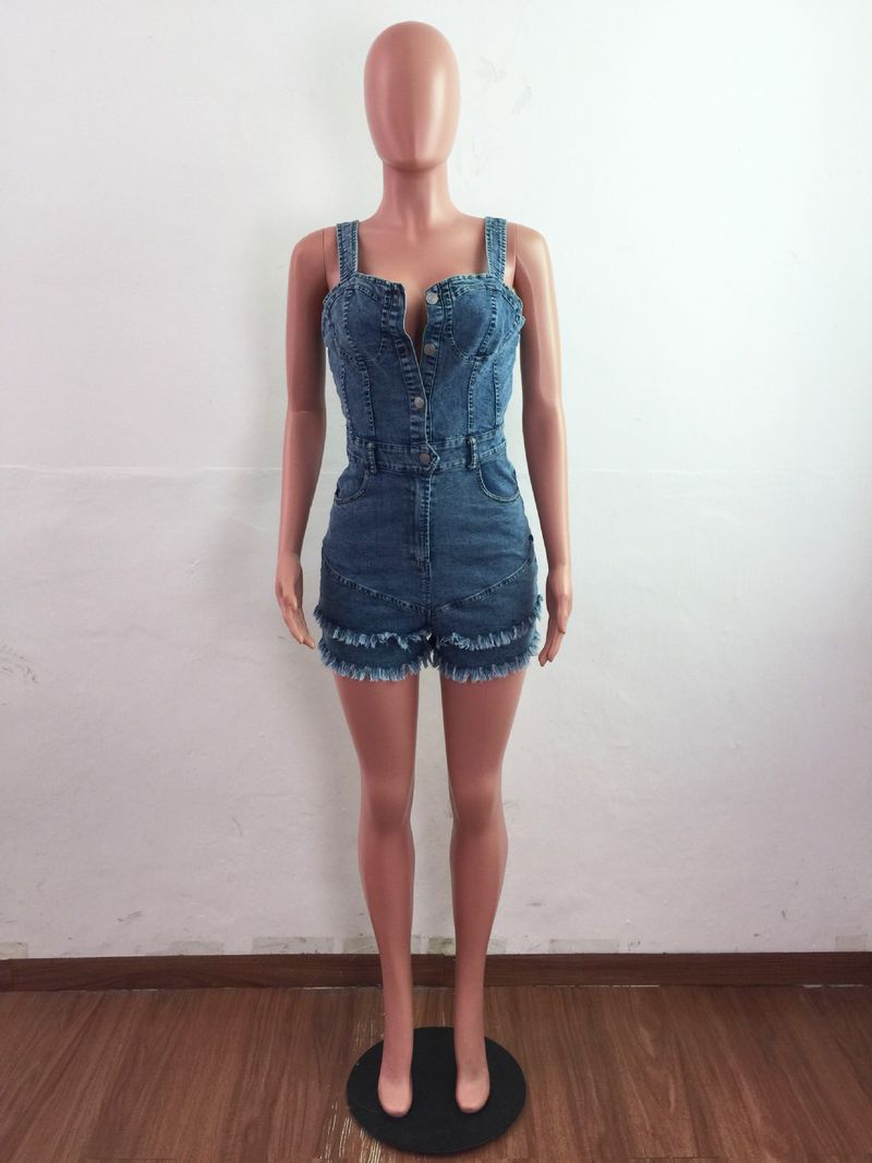 Modischer schmaler Jeans-Strampler für Damen mit Fransen_voghion.com