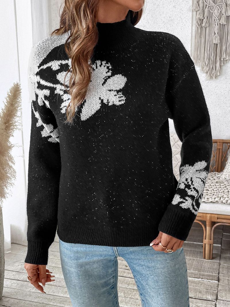 Damen-Halbrollkragenpullover aus Jacquard mit Blumenmuster – Schwarz-Weiß-Kontrastdesign, lockere Passform, bequeme Acrylmischung, langärmlige Freizeitstrickware_voghion.com