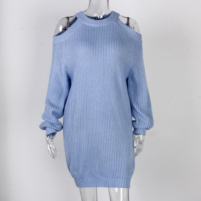 Abito casual ampio in maglia a maniche lunghe con spalle scoperte, stile Ins, autunno inverno, moda donna_voghion.com