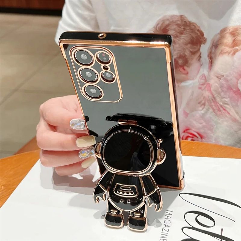 Custodie con supporto per astronauta per Samsung Galaxy S25, S24, S23, S22, S21, S20 Ultra Plus FE, cover con cornice dorata, accessori per telefono_voghion.com