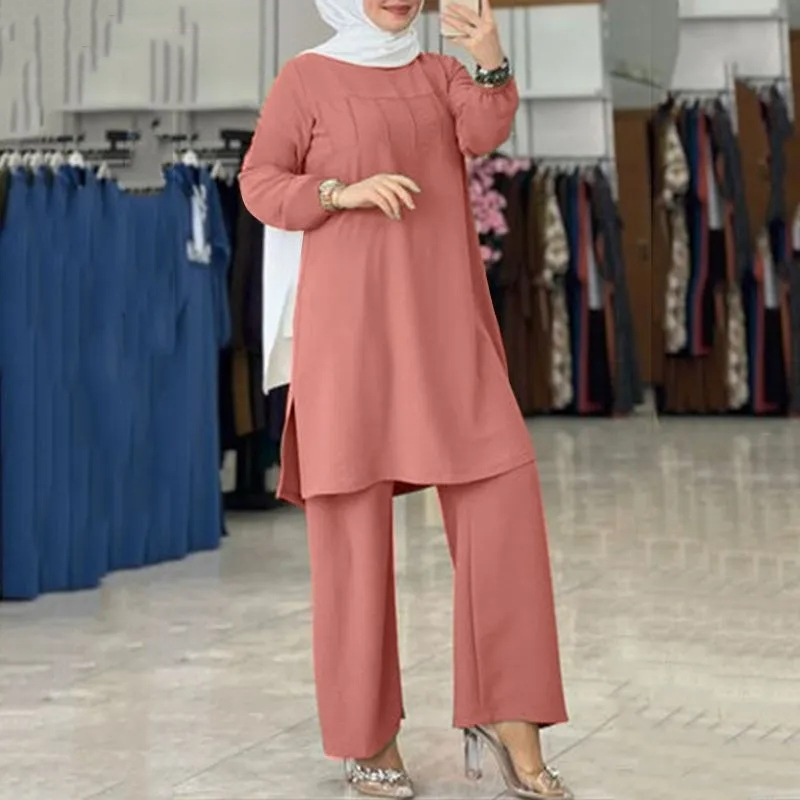Moteriški dviejų dalių moteriški drabužiai Sportiniai drabužiai Elegantiški vienspalviai marškiniai ilgomis rankovėmis, plačių kelnių kostiumas_voghion.com