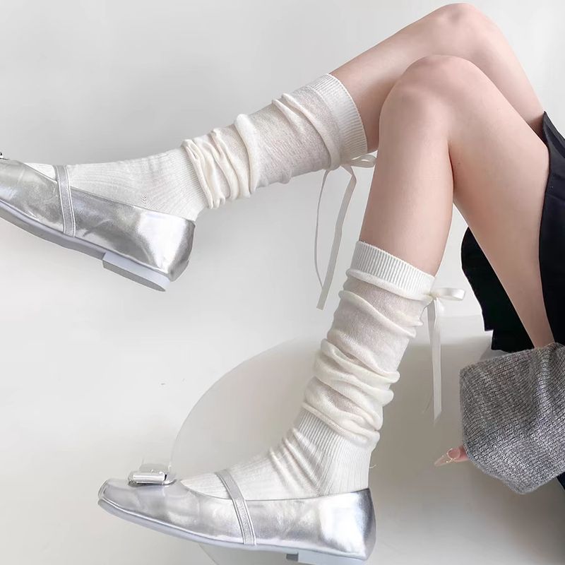 Ballet White Calf For Women Spring And Autumn Miu Style Bowknot Striped Mid-Calf Slouch Long Socks_voghion.com