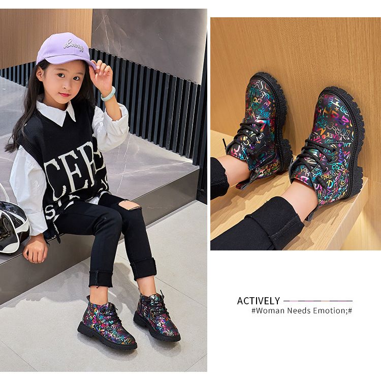 Chaussures pour enfants Chaussures pour filles Bottes courtes Martin pour enfants 2024 nouveau style tout match style printemps et automne bottes en coton noir princesse de style britannique_voghion.com