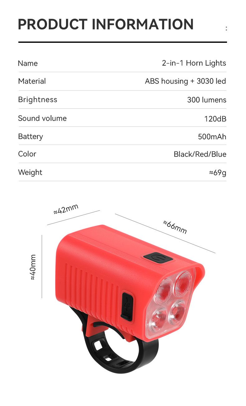 Luz de bocina para faro de bicicleta, luz de ciclismo nocturna con carga USB y bocina eléctrica, luz de bicicleta de montaña_voghion.com