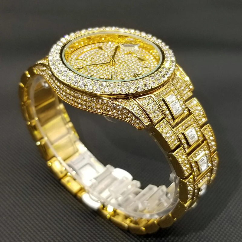 Shiny Diamond Watch For Men Hip Hop Trendy Iced Out Quartz Watches High Quality Stainless Steel Waterproof Day Date_voghion.com
