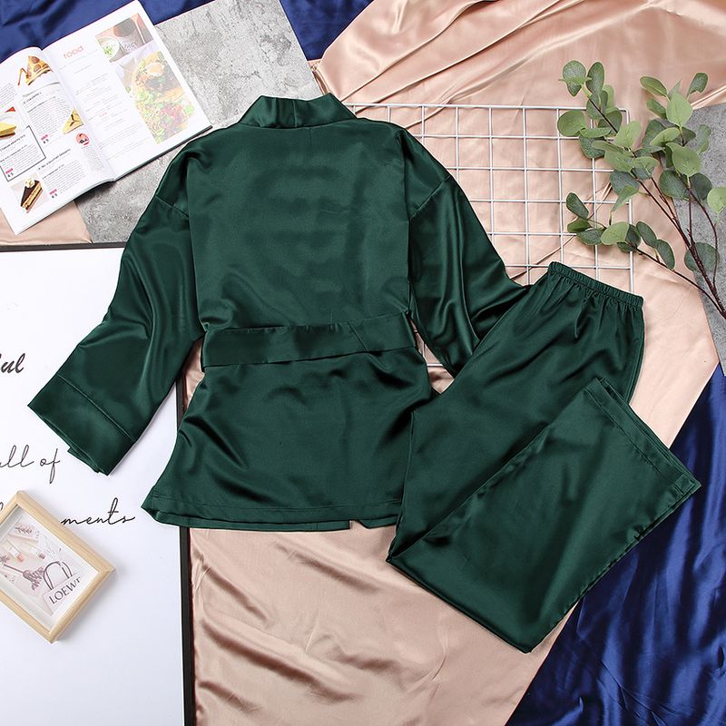 Cardigã de cetim feminino com renda, camisola e pijama de cor sólida, conjunto solto para casa_voghion.com