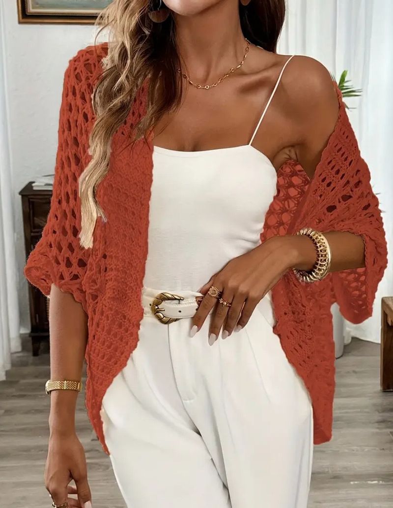 Maglione da spiaggia con lacci e maglia – Top da vacanza all'uncinetto con trafori (XS-XL, bianco/nero/albicocca/rosso)_voghion.com