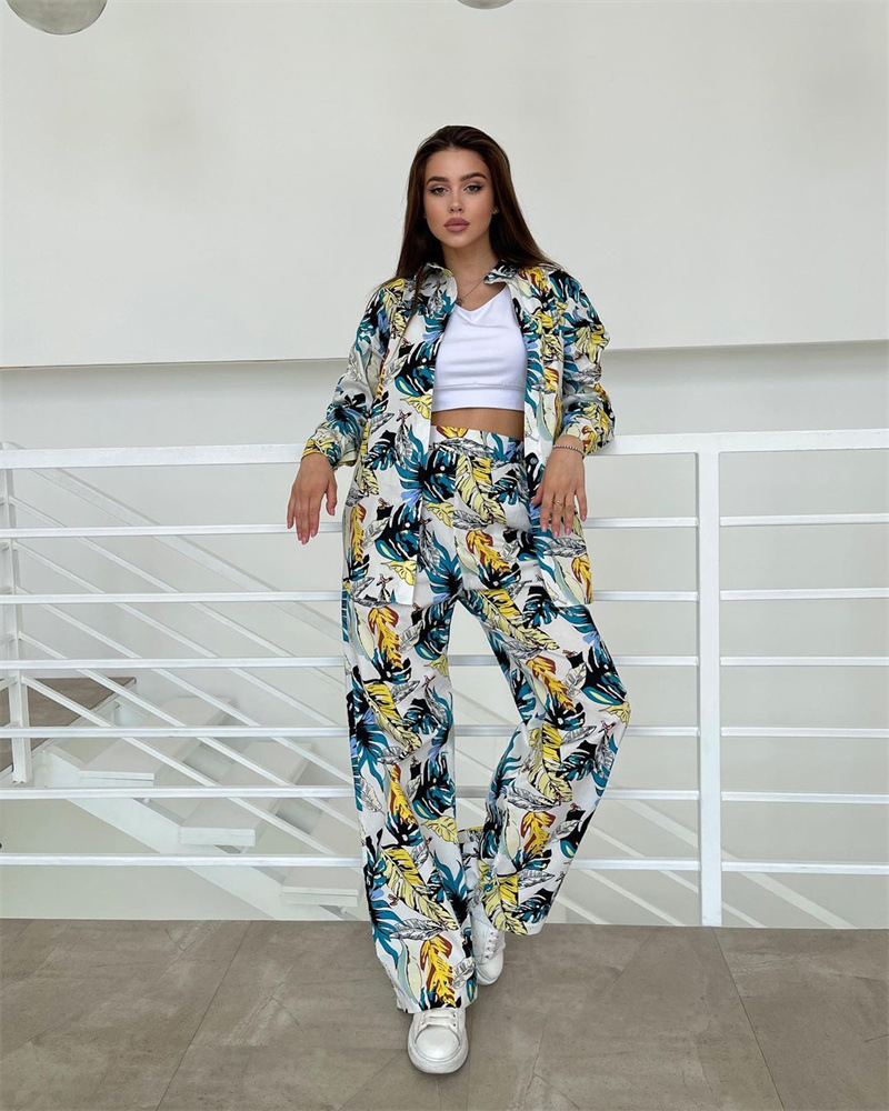 Damen-Freizeitanzug, Herbstmode, Blumendruck, große Größe, lockeres Oberteil, hohe Taille, weites Bein, Hose_voghion.com