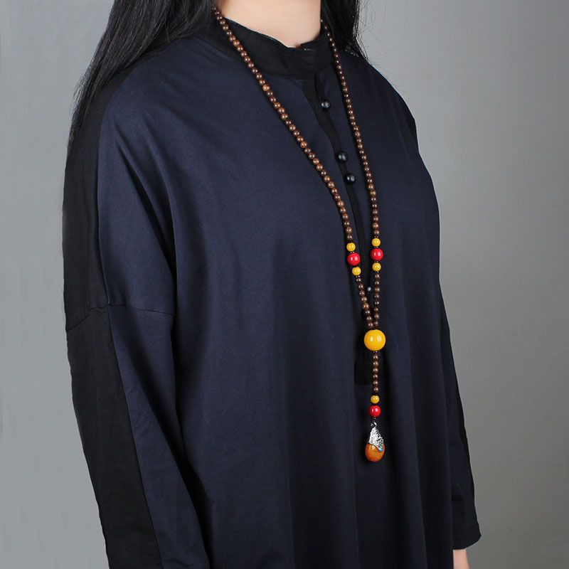 Collana con perline buddiste in legno di wengè in stile etnico, ciondolo per abbigliamento in cotone e lino, accessori da donna semplici_voghion.com