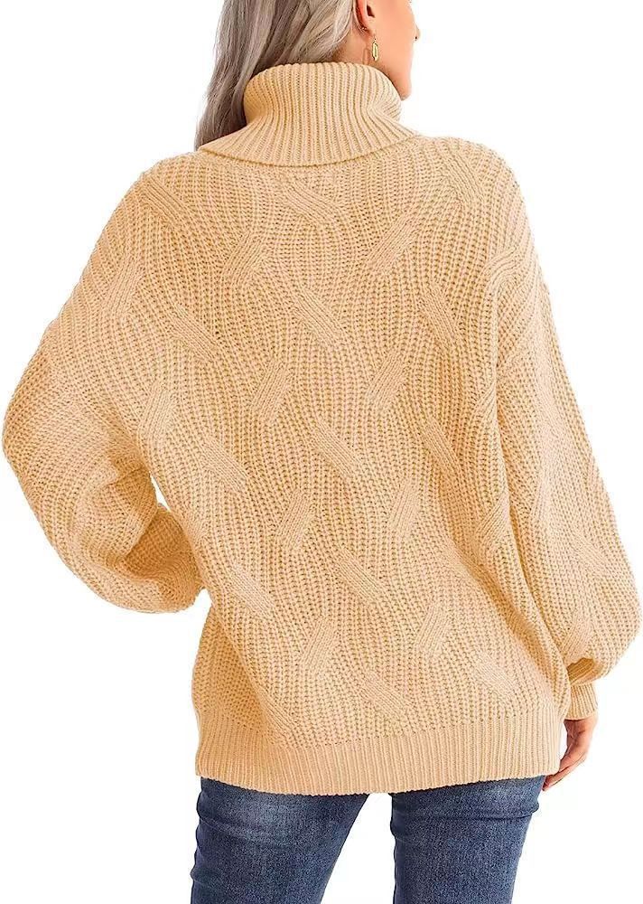 Women's Oversized High-Neck Cable Knit Sweater - Elegant Batwing Sleeve Pullover For Autumn & Winter, Soft & Breathable In 10 Versatile Colors_voghion.com