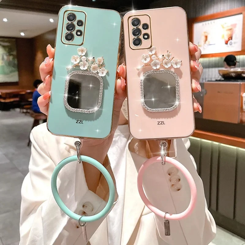 Plating Bracelet Case For Samsung A34 A54 A53 A32 A33 A22 A13 4G 5G A12 A73 A25 A31 A21S A14 Plum Flower Square Mirror_voghion.com