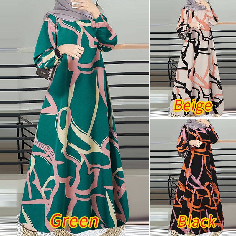 Abbigliamento da donna Abito musulmano malese mediorientale Abito a maniche lunghe con scollo rotondo Gonna lunga_voghion.com