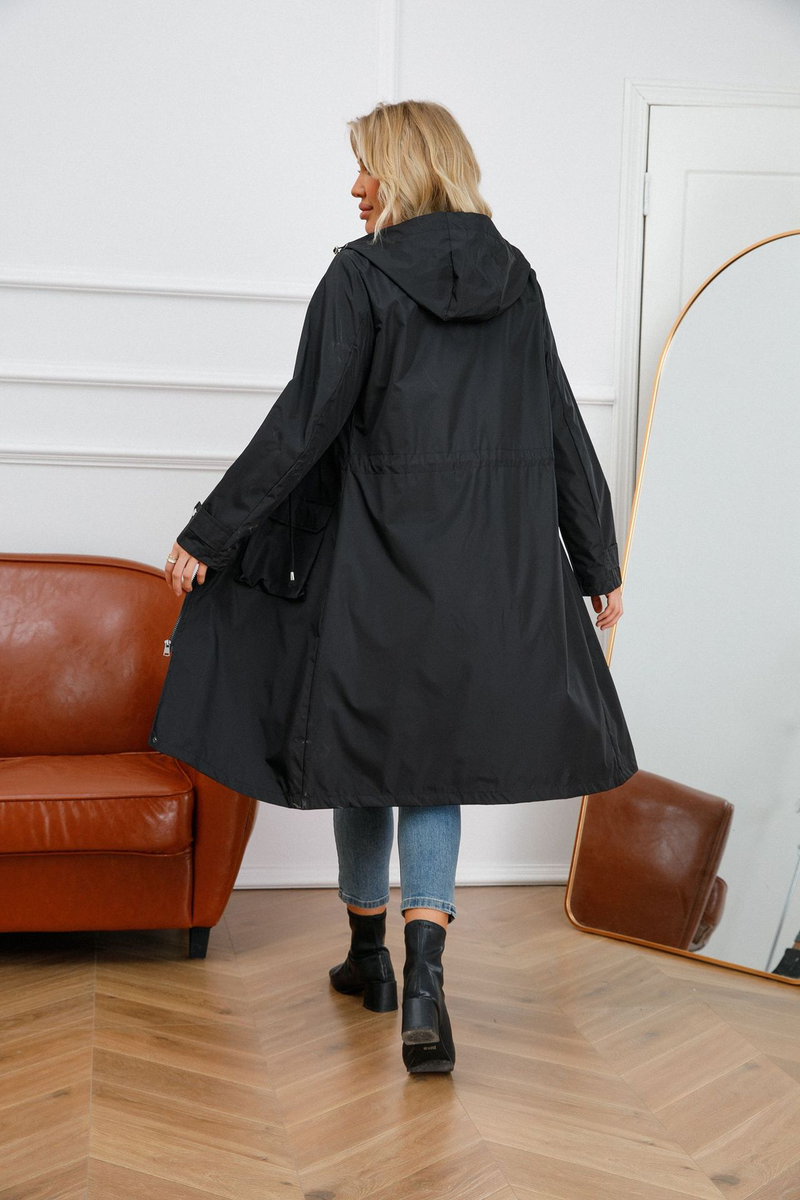 Trench casual da donna K Long con cappuccio, impermeabile, tinta unita con fodera a righe, cappotto dritto._voghion.com