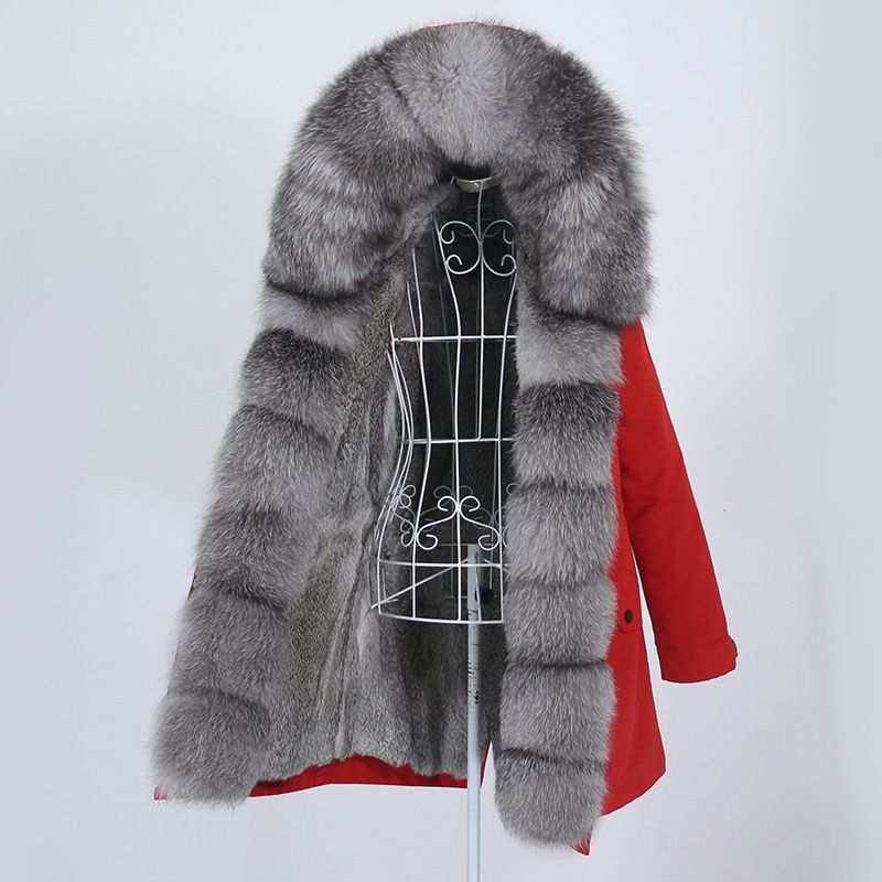 Damenbekleidung Abnehmbarer Innenmantel mit Fuchspelzkragen Mittellang Modischer warmer Kapuzenmantel_voghion.com