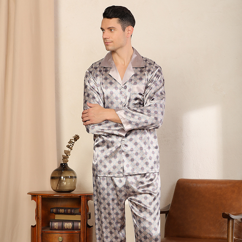 Herrkläder herrtryckta sidenpyjamas vår och sommar långärmade kostymer stora hemkläder_voghion.com