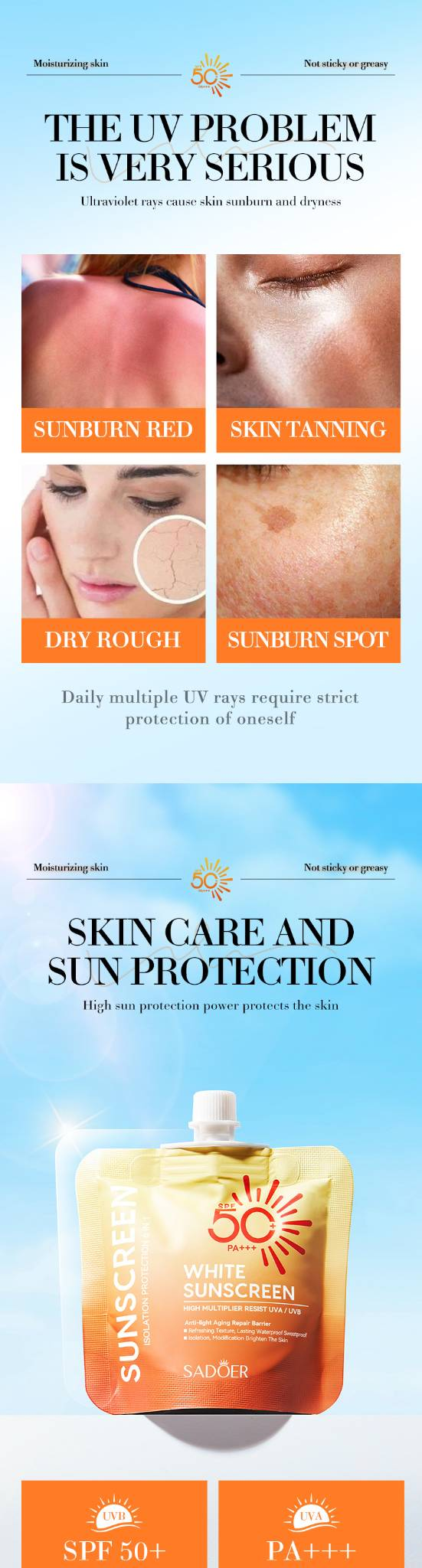 SPF50-aurinkovoide, valkaiseva voide, korkea aurinkosuoja, vedenpitävä, hikeä kestävä, UVA/UVB-suoja_voghion.com