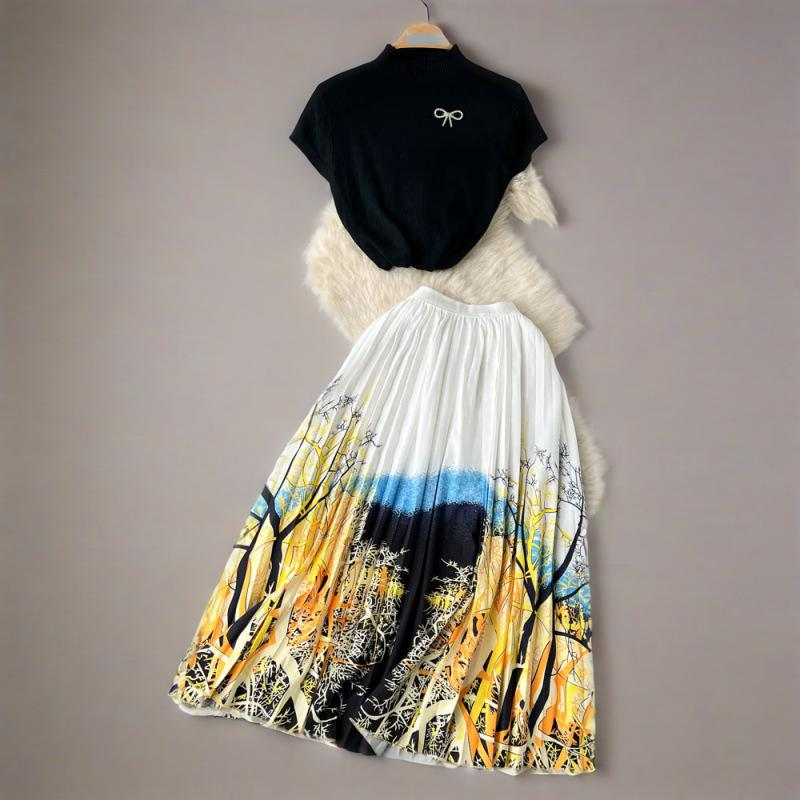 Women's Clothing Ins Style Temperament Summer Short Knitted Top + Medium Length Pleated Printed Skirt Two Piece Suit For Women_voghion.com
