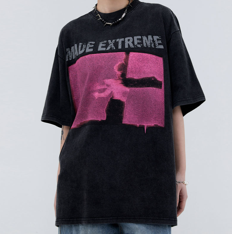 Herrenbekleidung Amerikanische Street Fashion-Marke Herren-T-Shirt mit Retro-Rock-and-Roll-Aufdruck, gewaschen und im Used-Look, lockeres Kurzarm-T-Shirt_voghion.com