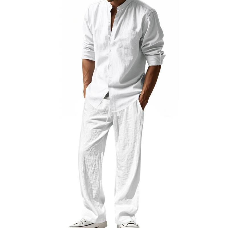 2025 Four Seasons Linen Men's Casual Set Loose Long-sleeved Long Pants Shirt Set For Men_voghion.com