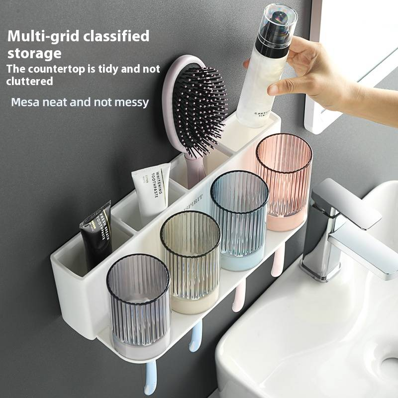 Set van aan de muur te bevestigen tandenborstelhouders met tandpastaknijper – Badkamerorganizer voor tandenborstel, beker en tandpasta zonder boren (opties van 2/3/4 stuks)_voghion.com